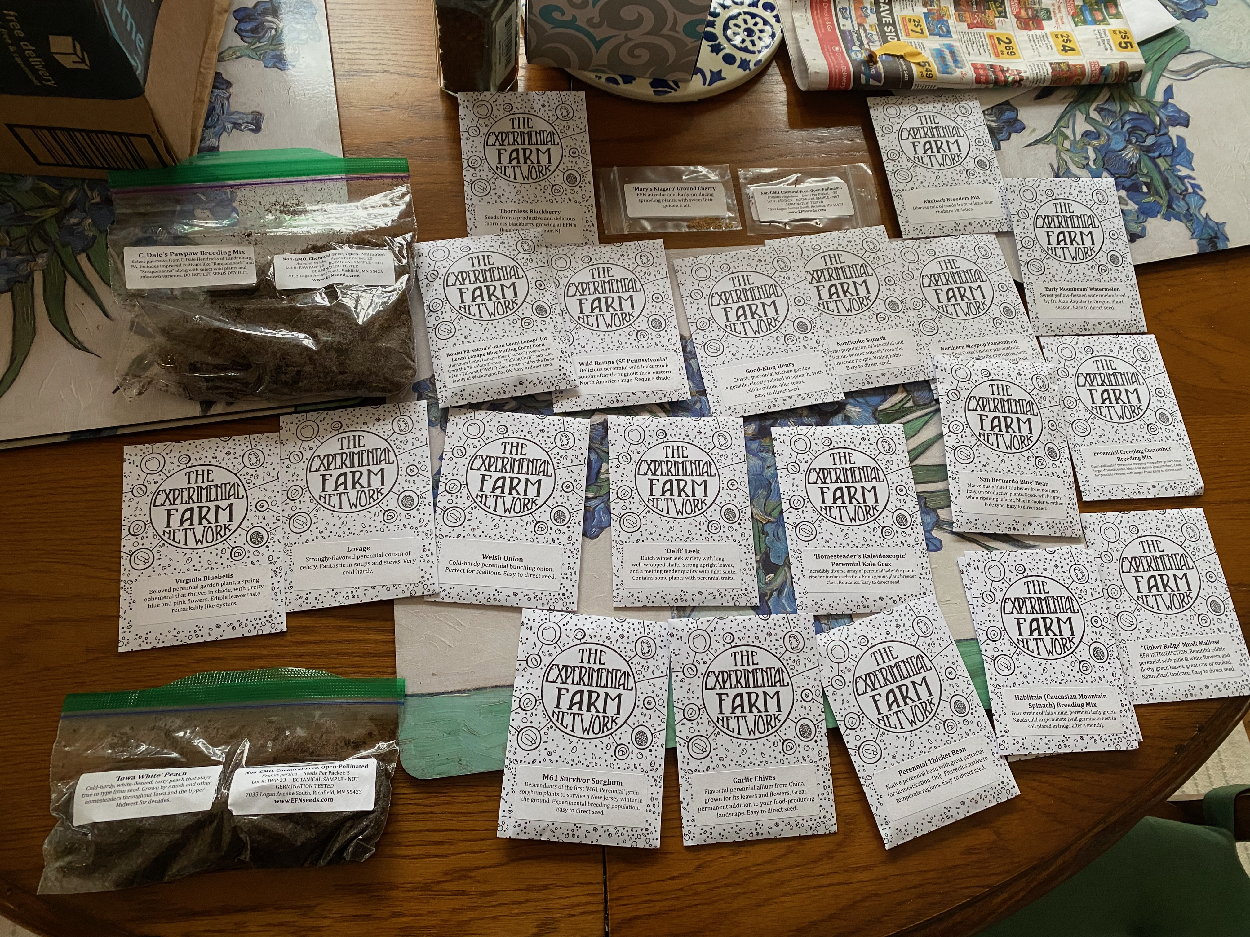 many seed packets on a table
